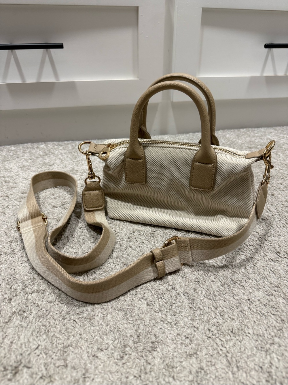 Universal Thread Beige Canvas Mini Satchel with Tan Trim and Adjustable Strap